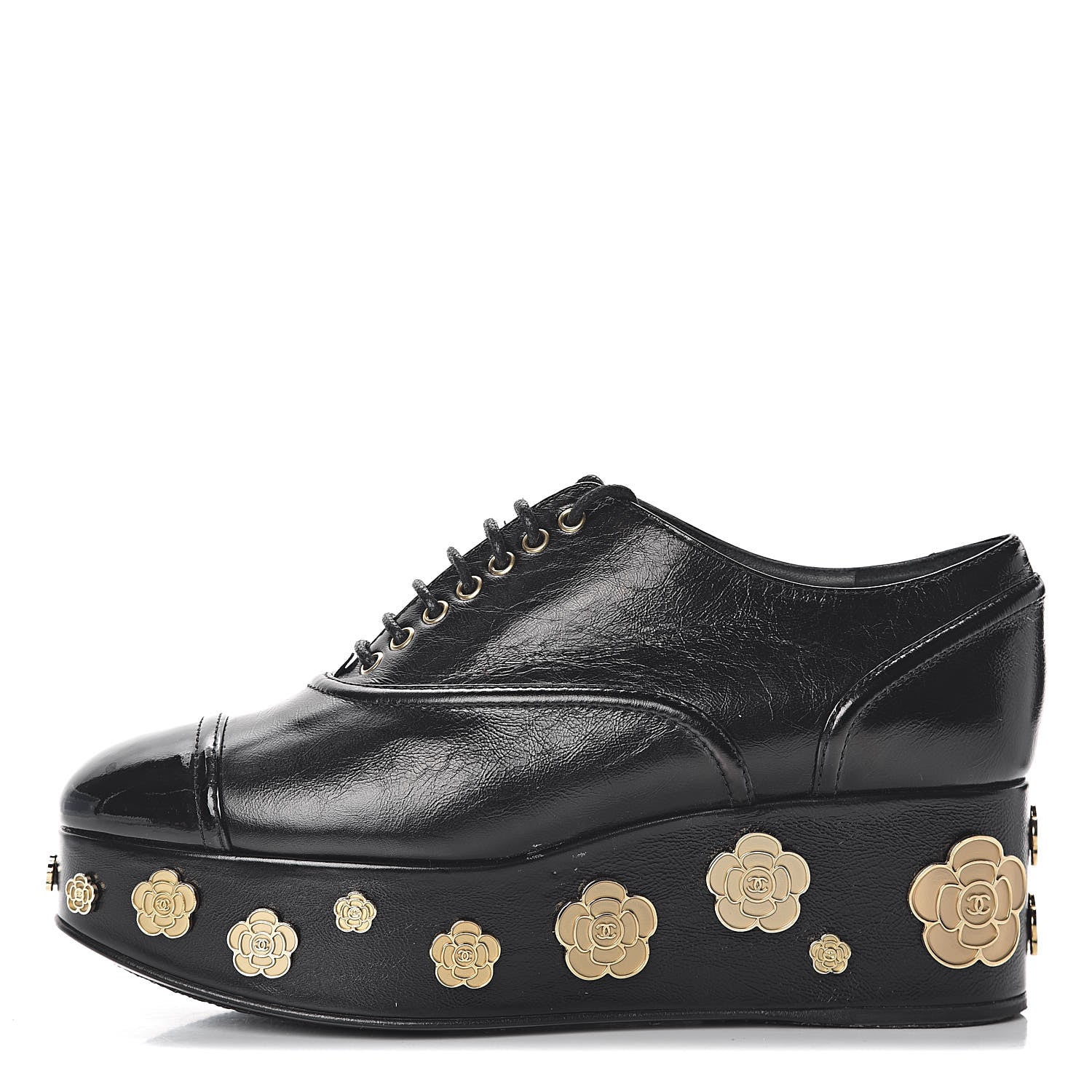 Chanel Crumpled Calfskin Lace Up Platform Oxford 37.5 Black 1 of 11