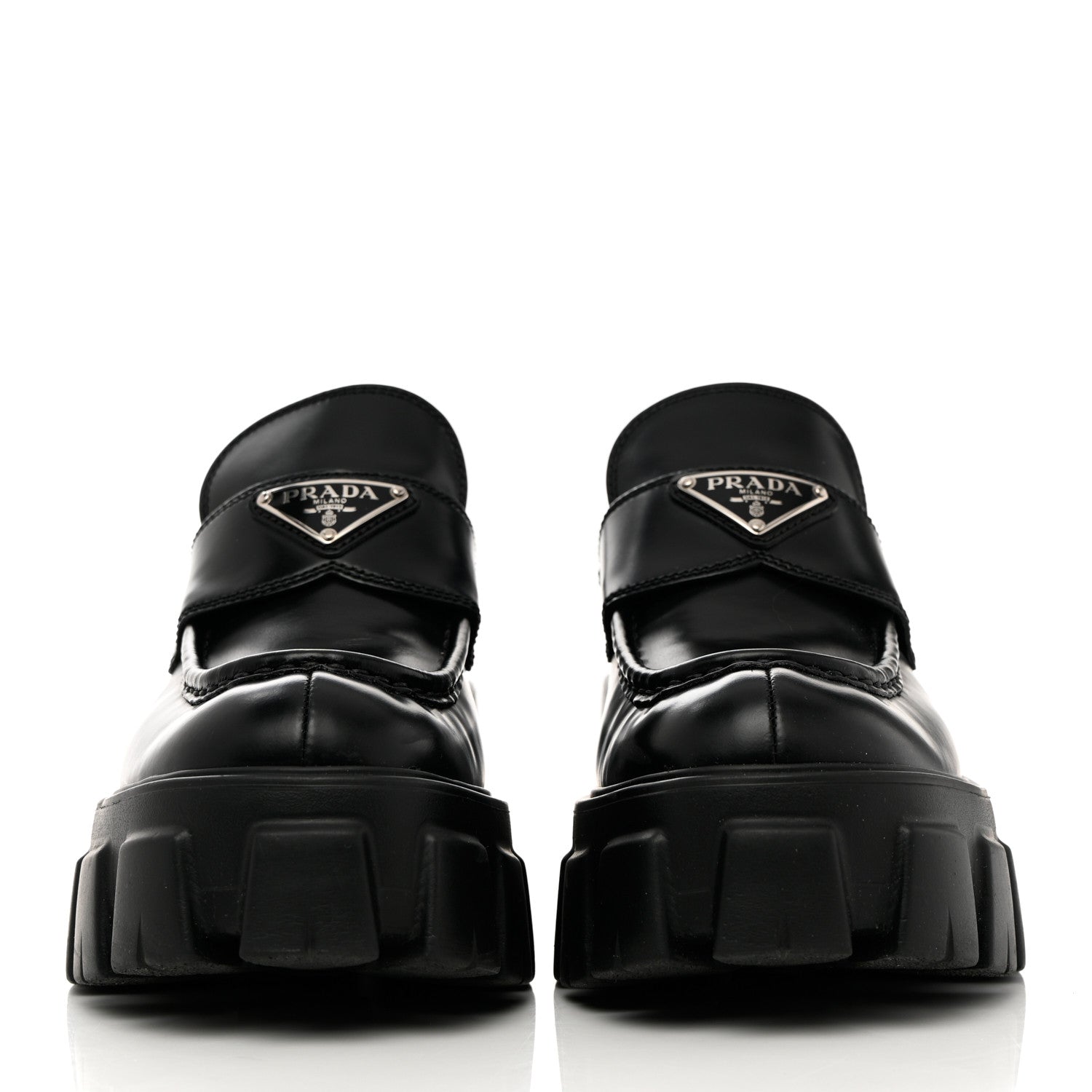 Prada Spazzolato Rois Metal Triangle Logo Monolith 55mm Loafers 37.5 Black 2 of 14