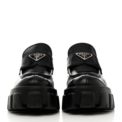 Prada Spazzolato Rois Metal Triangle Logo Monolith 55mm Loafers 37.5 Black 2 of 14