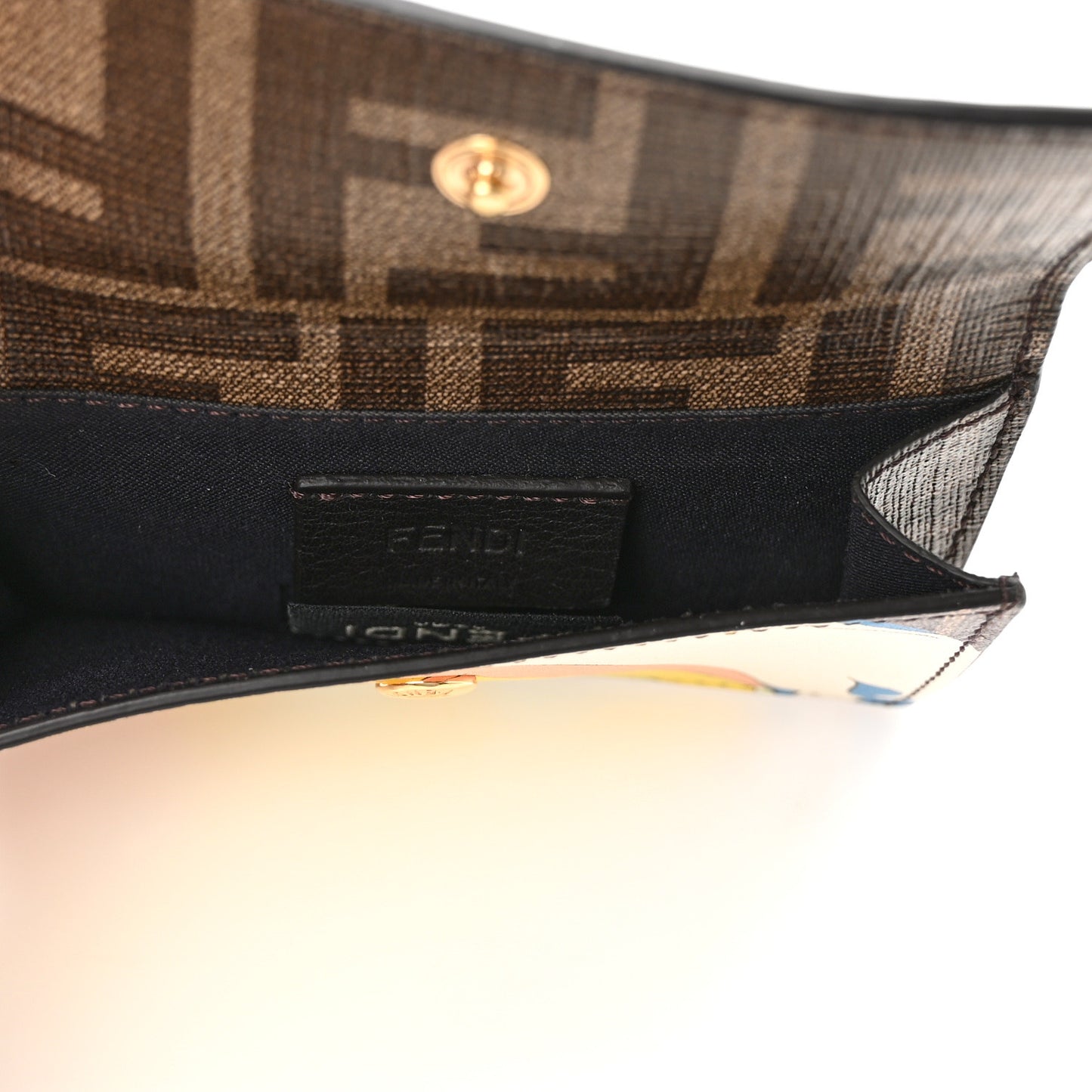 Glazed Fabric Vitello Liberty FF 1974 Logo Hairdo Girls Inlay Fold Over Card Holder Wallet Mogano Panna Multicolor