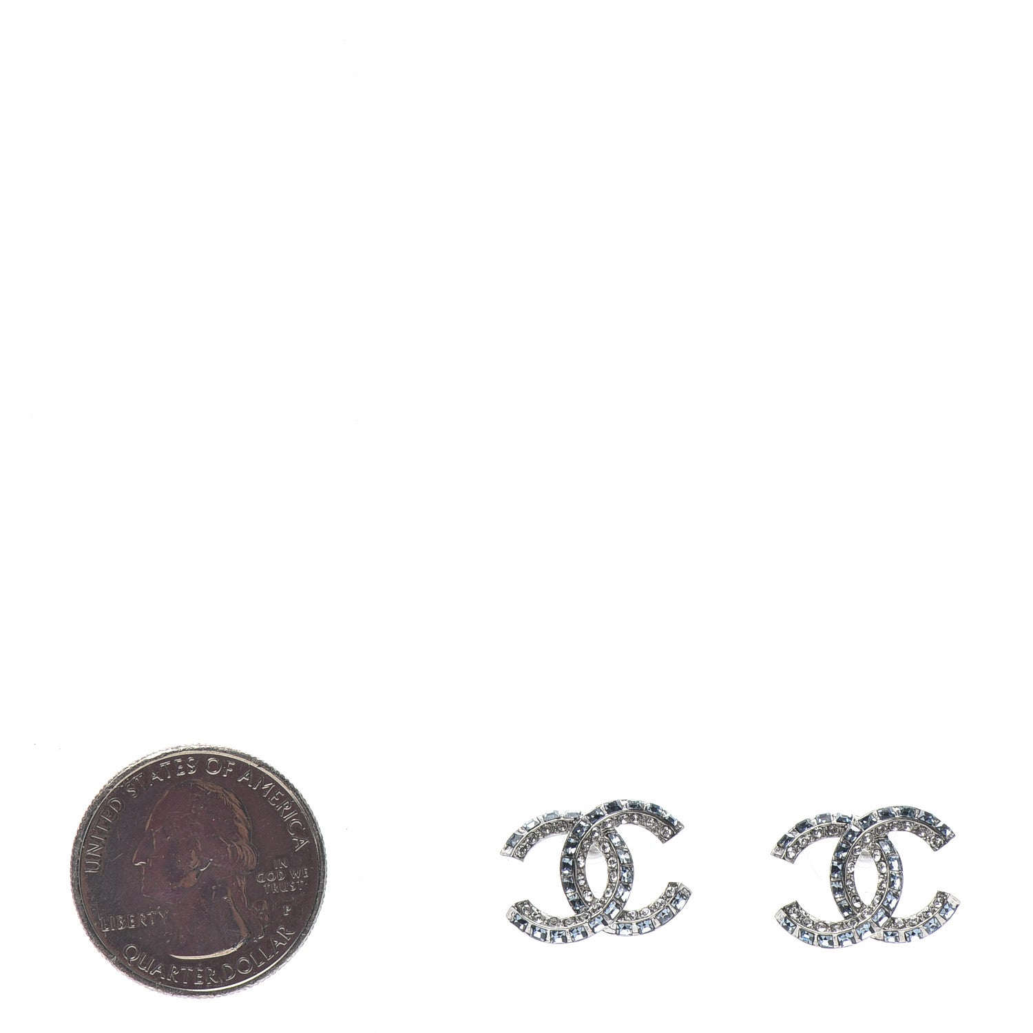 Chanel Metal Baguette Crystal CC Earrings Silver Blue 2 of 4