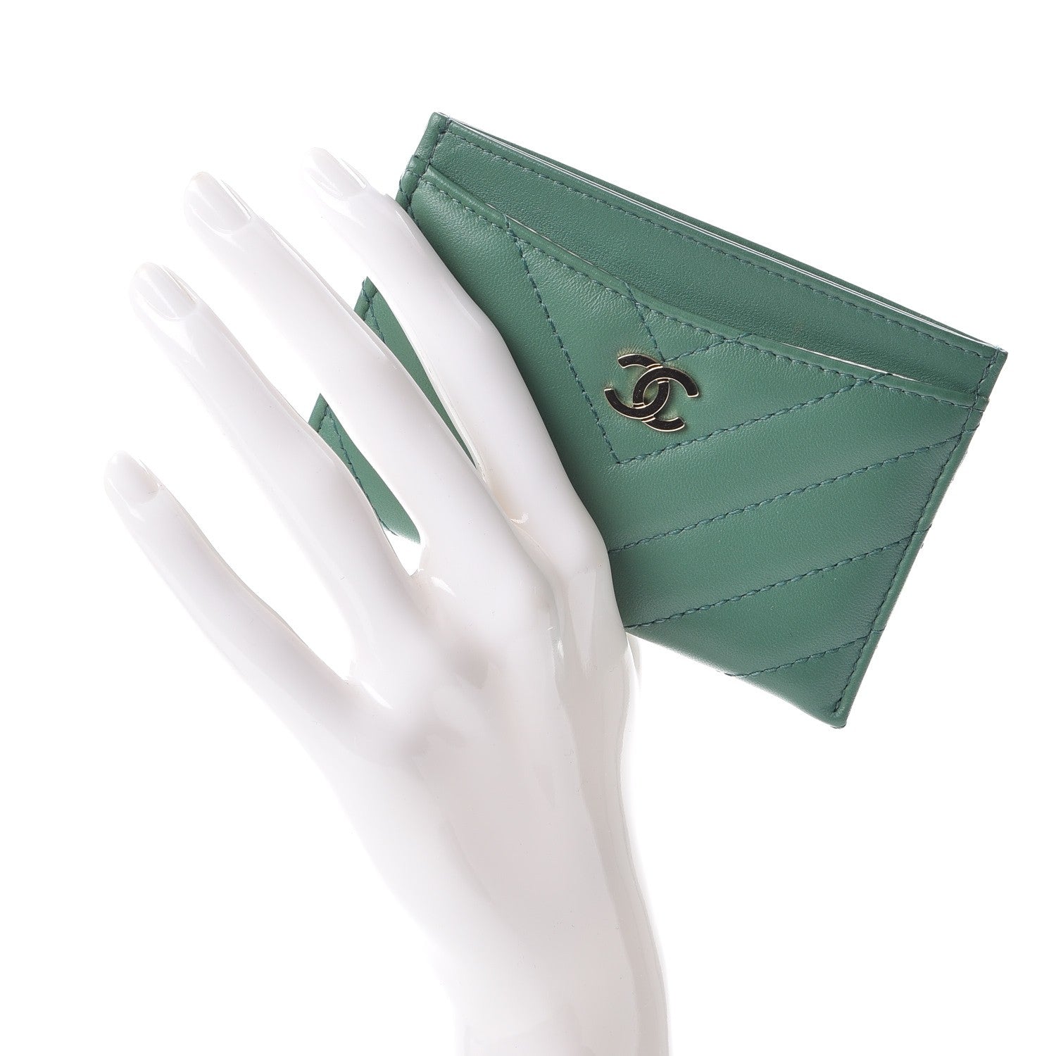 Chanel Lambskin Chevron Quilted Card Holder Green 2 of 9