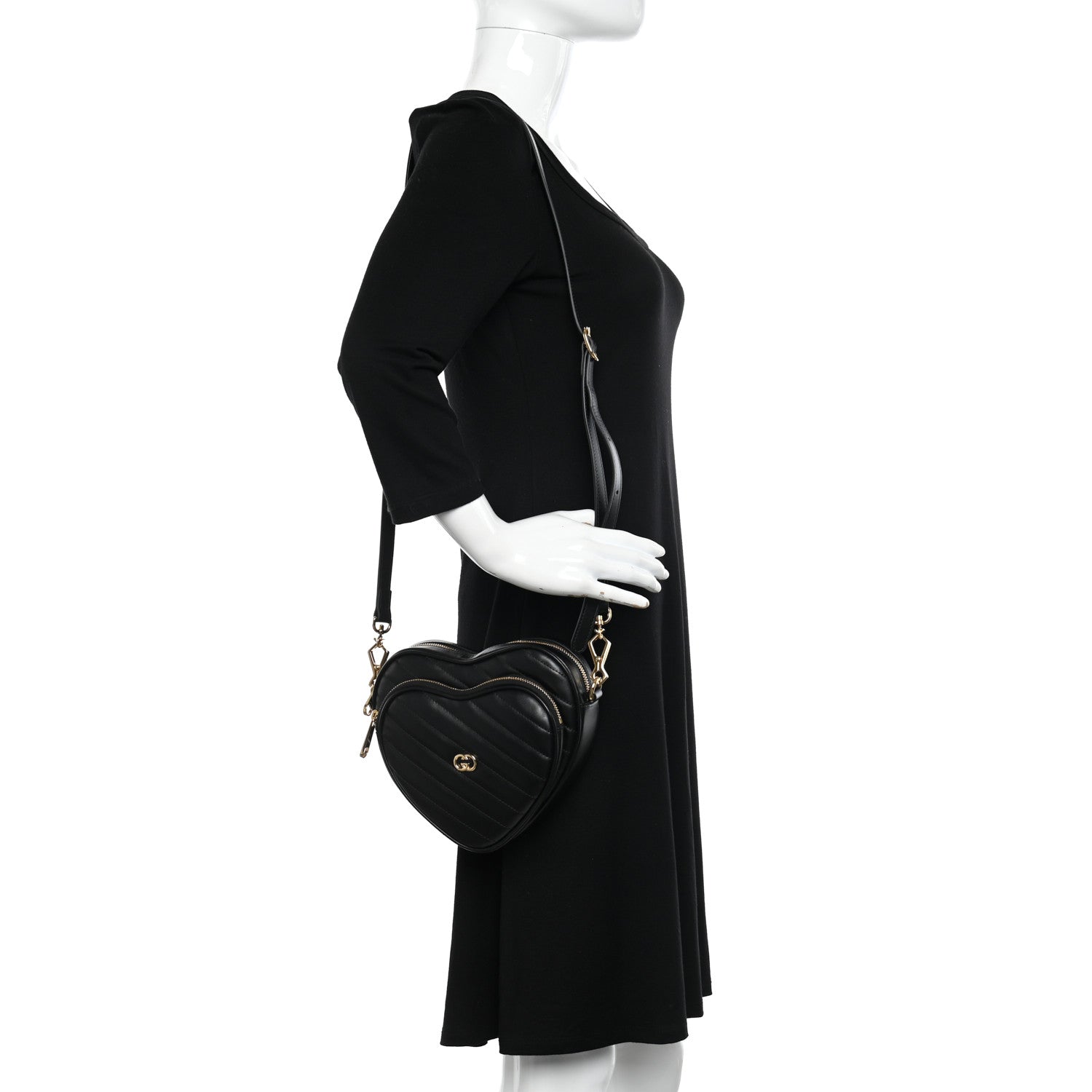 Gucci Calfskin Matelasse Diagonal Mini Interlocking G Heart Shoulder Bag Black 2 of 10