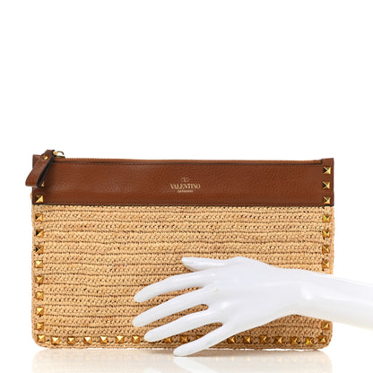 Valentino Garavani Raffia Calfskin Large Rockstud Zip Pouch Naturale Saddle Brown 2 of 6