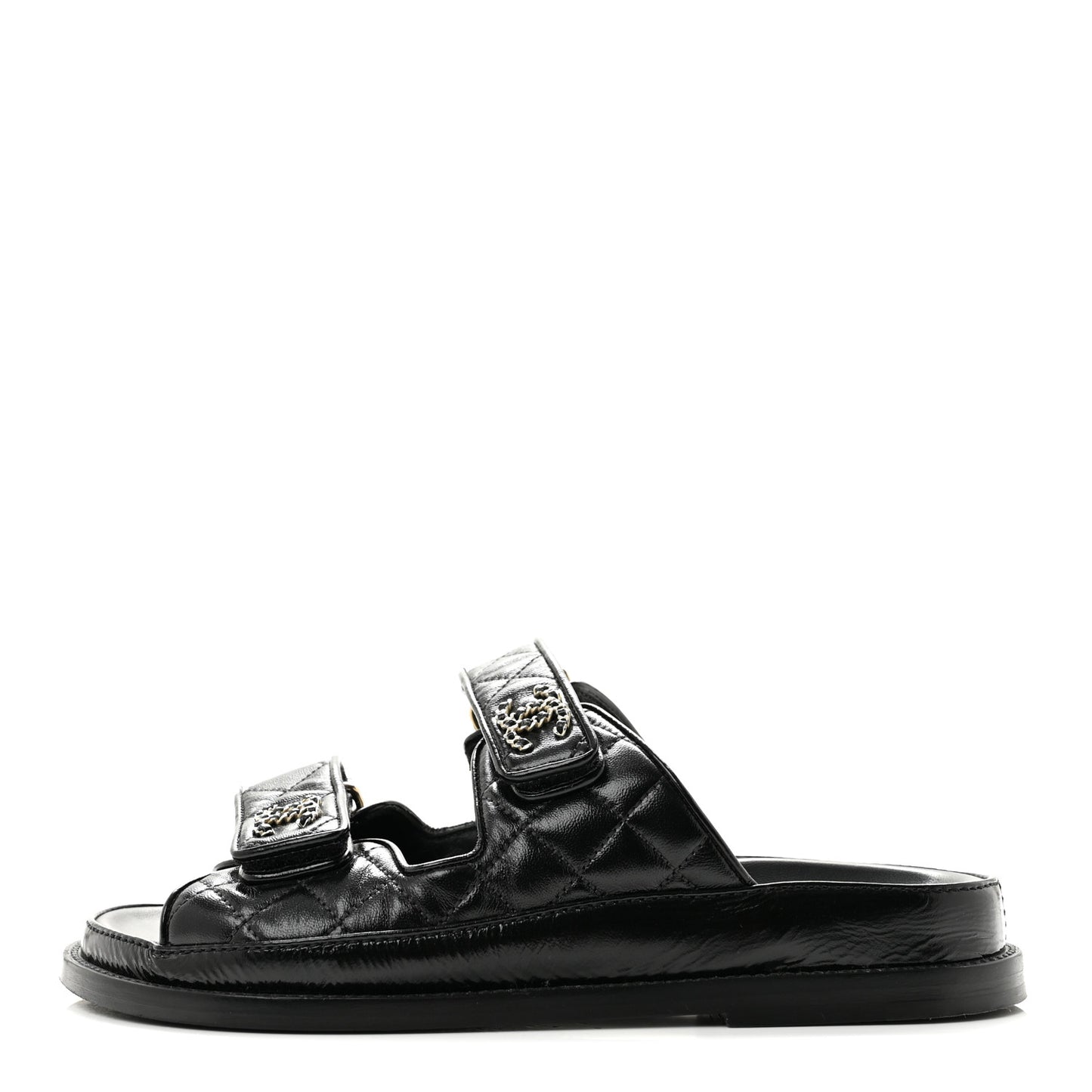 Crumpled Shiny Lambskin Velcro Dad Sandals 36 Black