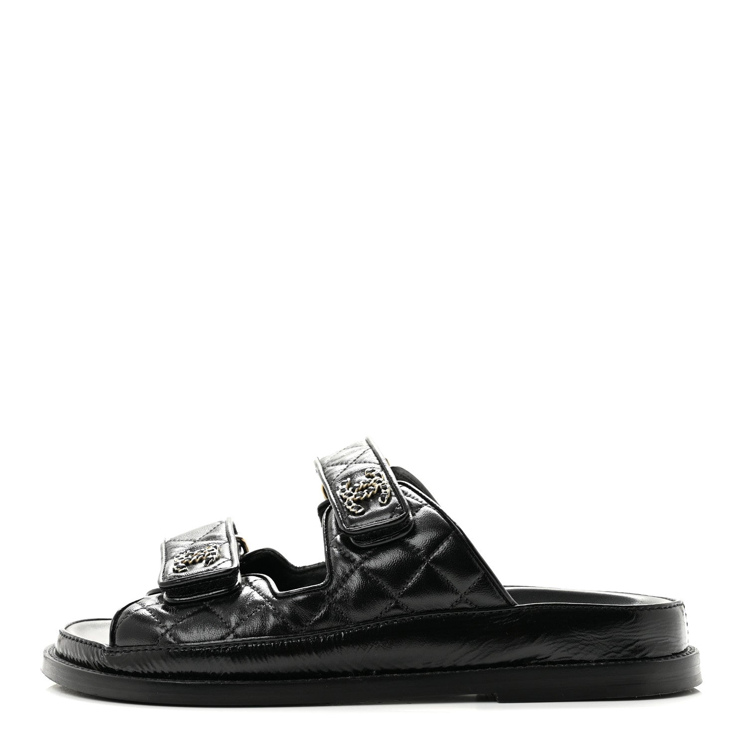 Chanel Crumpled Shiny Lambskin Velcro Dad Sandals 36 Black 1 of 9