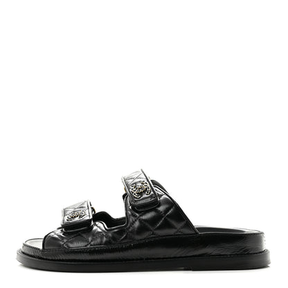 Chanel Crumpled Shiny Lambskin Velcro Dad Sandals 36 Black 1 of 9