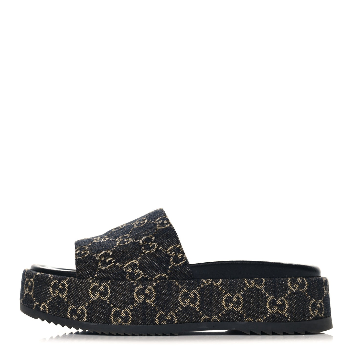 Jacquard Black Denim GG Monogram Angelina Platform 55mm Slide Sandals 39 Black Ivory