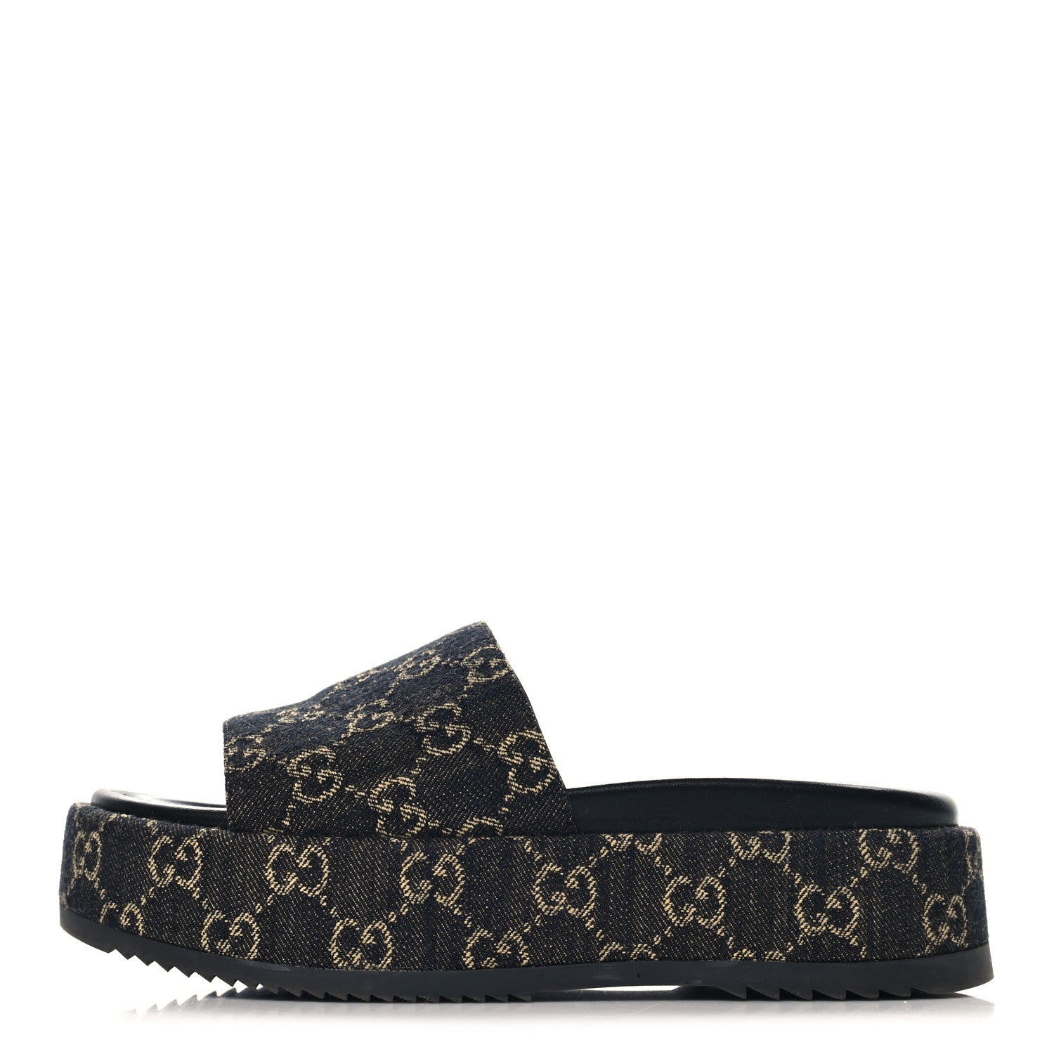 Gucci Jacquard Black Denim GG Monogram Angelina Platform 55mm Slide Sandals 39 Black Ivory 1 of 11