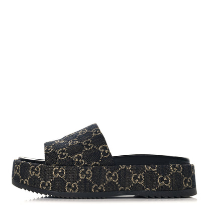 Gucci Jacquard Black Denim GG Monogram Angelina Platform 55mm Slide Sandals 39 Black Ivory 1 of 11