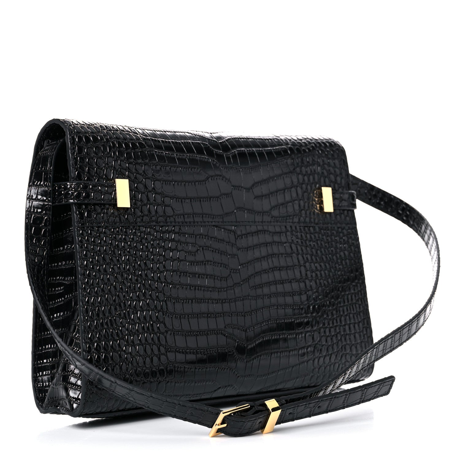 Saint Laurent Shiny Calfskin Crocodile Embossed Manhattan Baguette Black 3 of 11