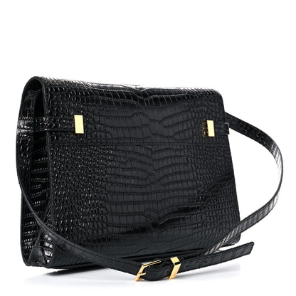 Saint Laurent Shiny Calfskin Crocodile Embossed Manhattan Baguette Black 3 of 11