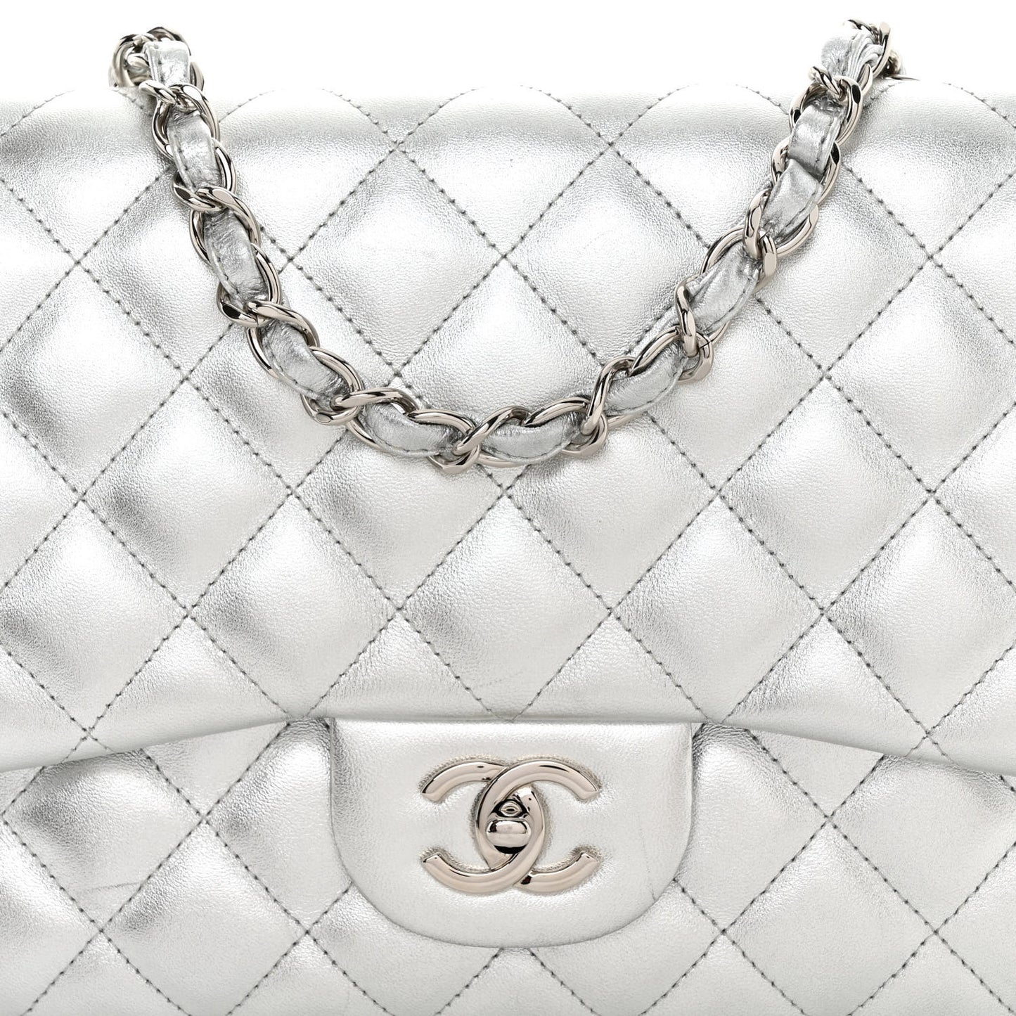 Metallic Lambskin Quilted Jumbo Single Flap Silver