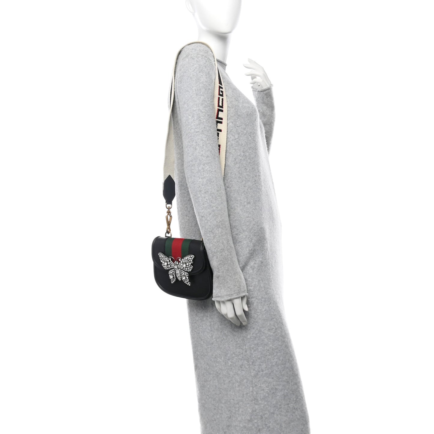 Calfskin Web Crystal Butterfly Stripe Small Totem Shoulder Bag Black