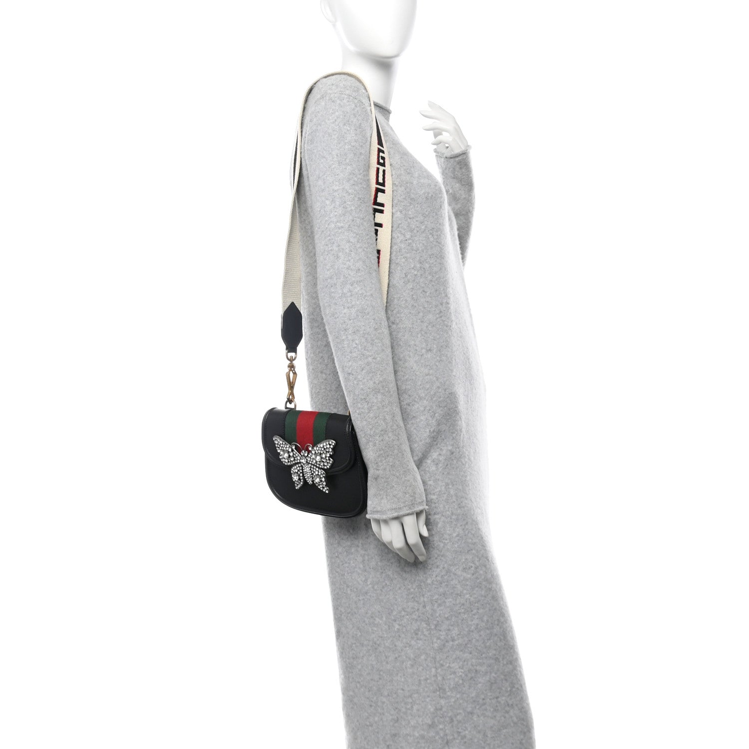Gucci Calfskin Web Crystal Butterfly Stripe Small Totem Shoulder Bag Black 2 of 10