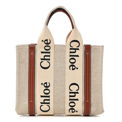 Chloe Cotton Calfskin Small Woody Ribbon Tote White Brown 1 of 13