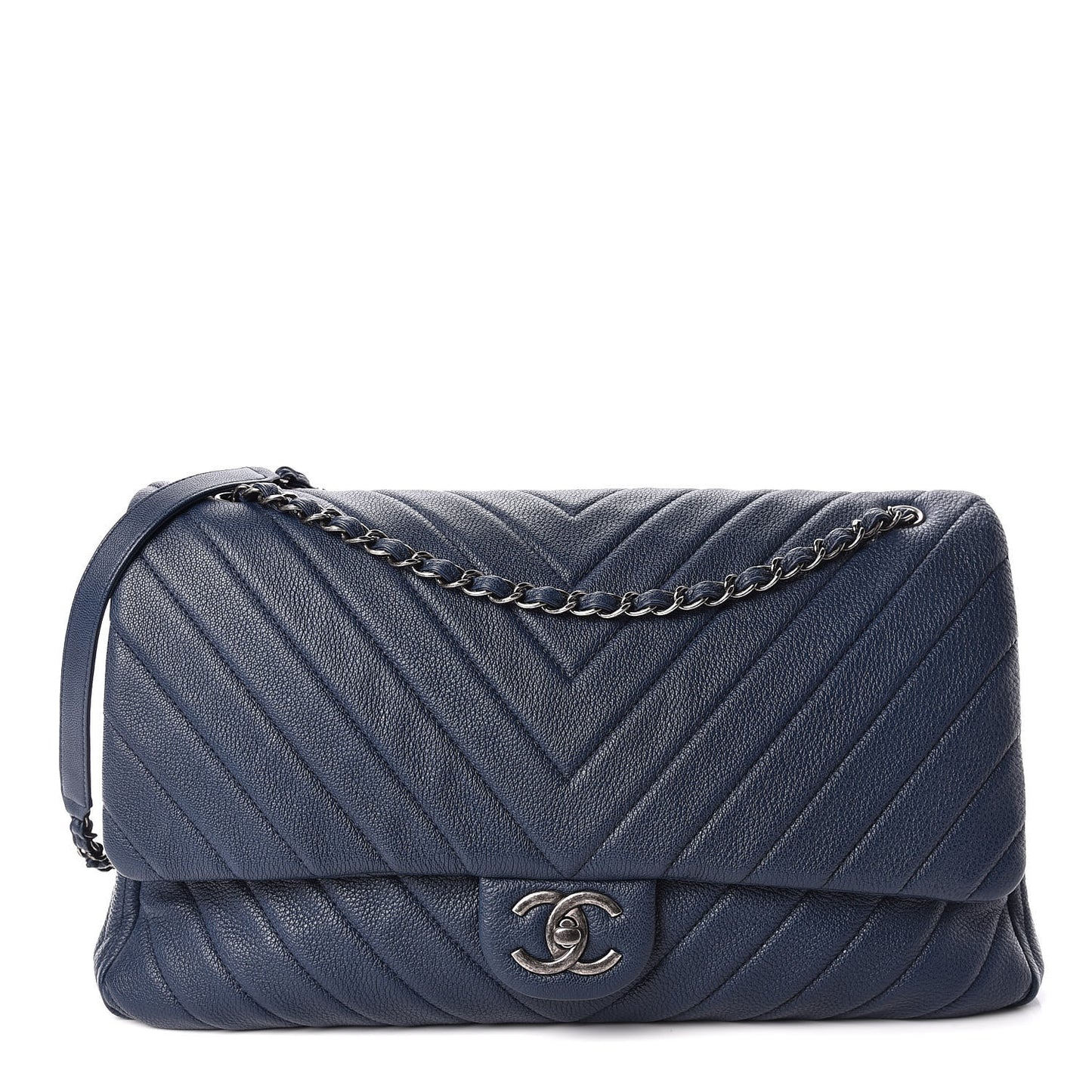 Calfskin Chevron Quilted XXL Travel Flap Bag Blue