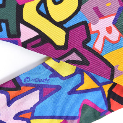 Hermes Silk Graff Graffiti Twilly Orange Jaune Vif Vert 4 of 5