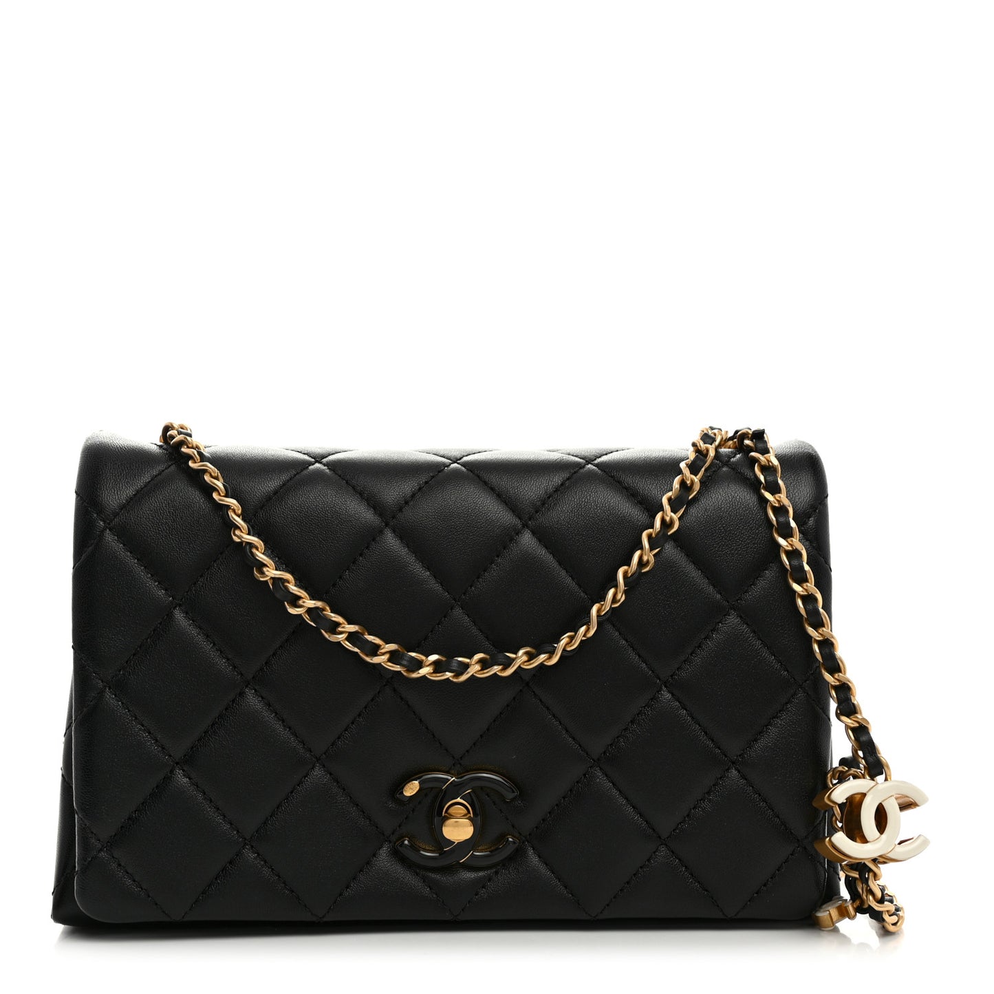 Shiny Lambskin Quilted Enamel CC Small Flap Black