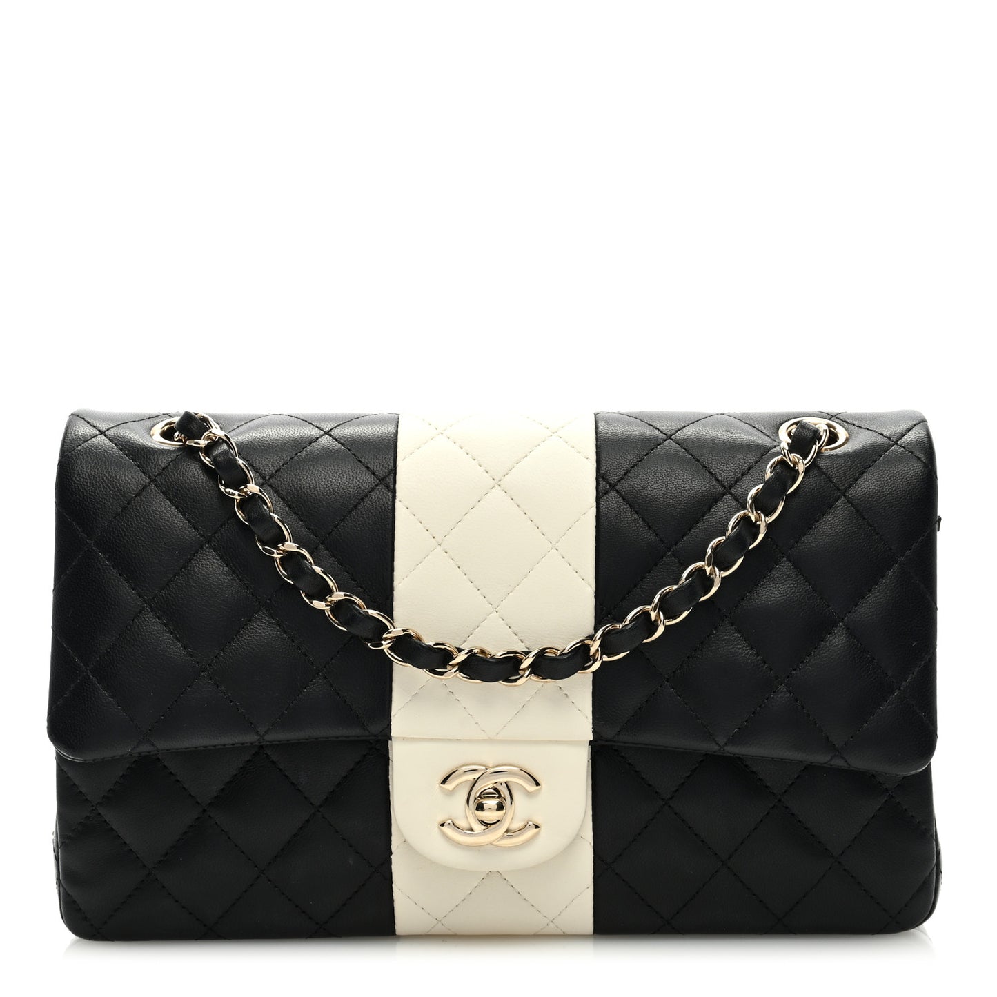 Lambskin Quilted Medium Double Flap Black White