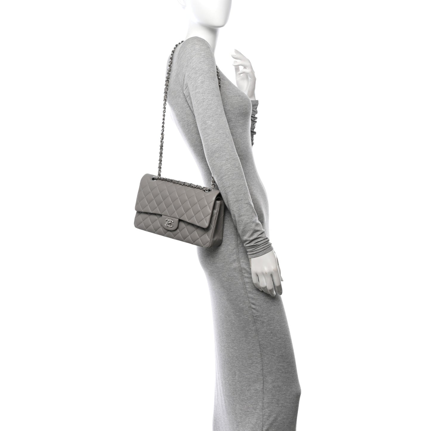 Lambskin Quilted Medium Double Flap Grey