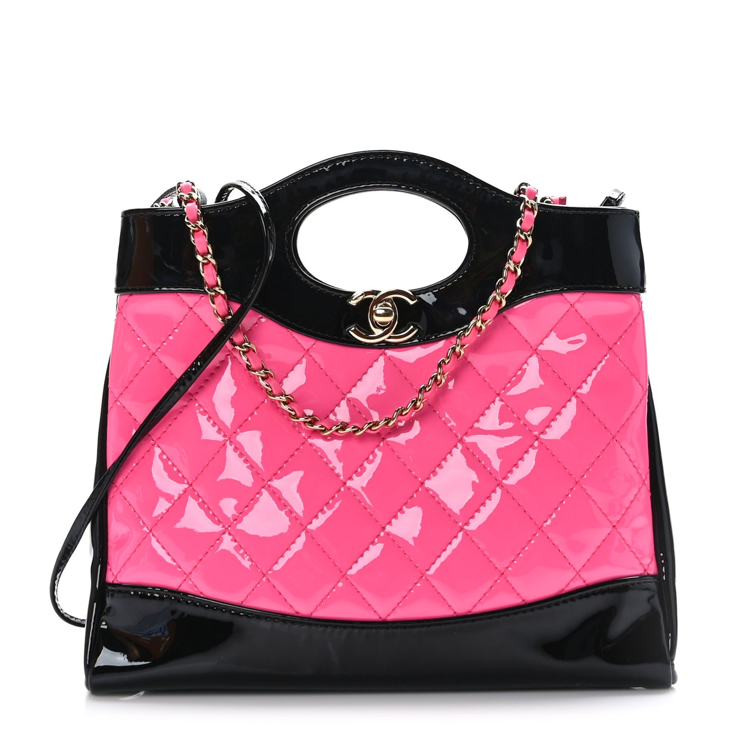 Patent Calfskin Quilted Mini 31 Shopping Bag Pink Black