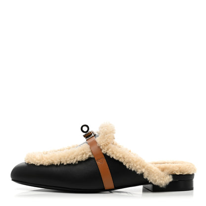 Hermes Shearling Calfskin Womens Oz Mules 36 Naturel Black 1 of 10