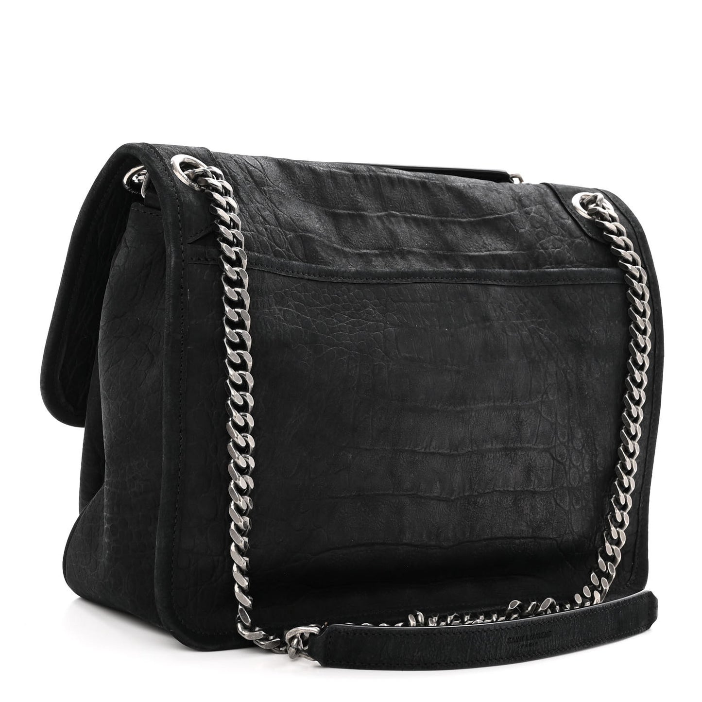 Nubuck Crocodile Embossed Monogram Medium Niki Chain Satchel Black