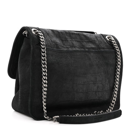 Saint Laurent Nubuck Crocodile Embossed Monogram Medium Niki Chain Satchel Black 3 of 10