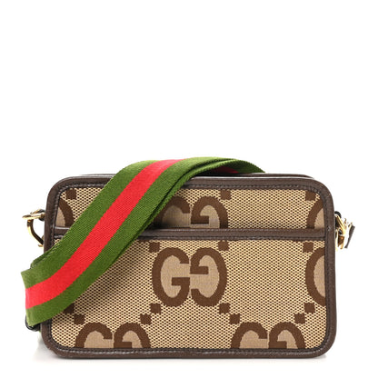 Gucci Monogram Jumbo GG Textured Dollar Calfskin Web Mini Crossbody Bag Camel Ebony New Acero 1 of 11