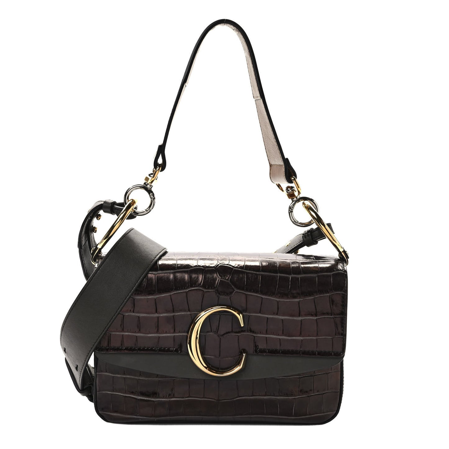 Calfskin Crocodile Embossed Small C Double Carry Profound Brown