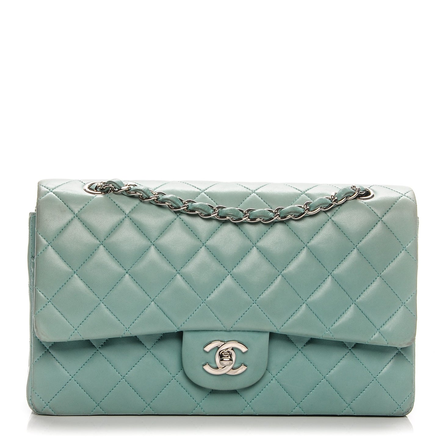 Lambskin Quilted Medium Double Flap Light Green