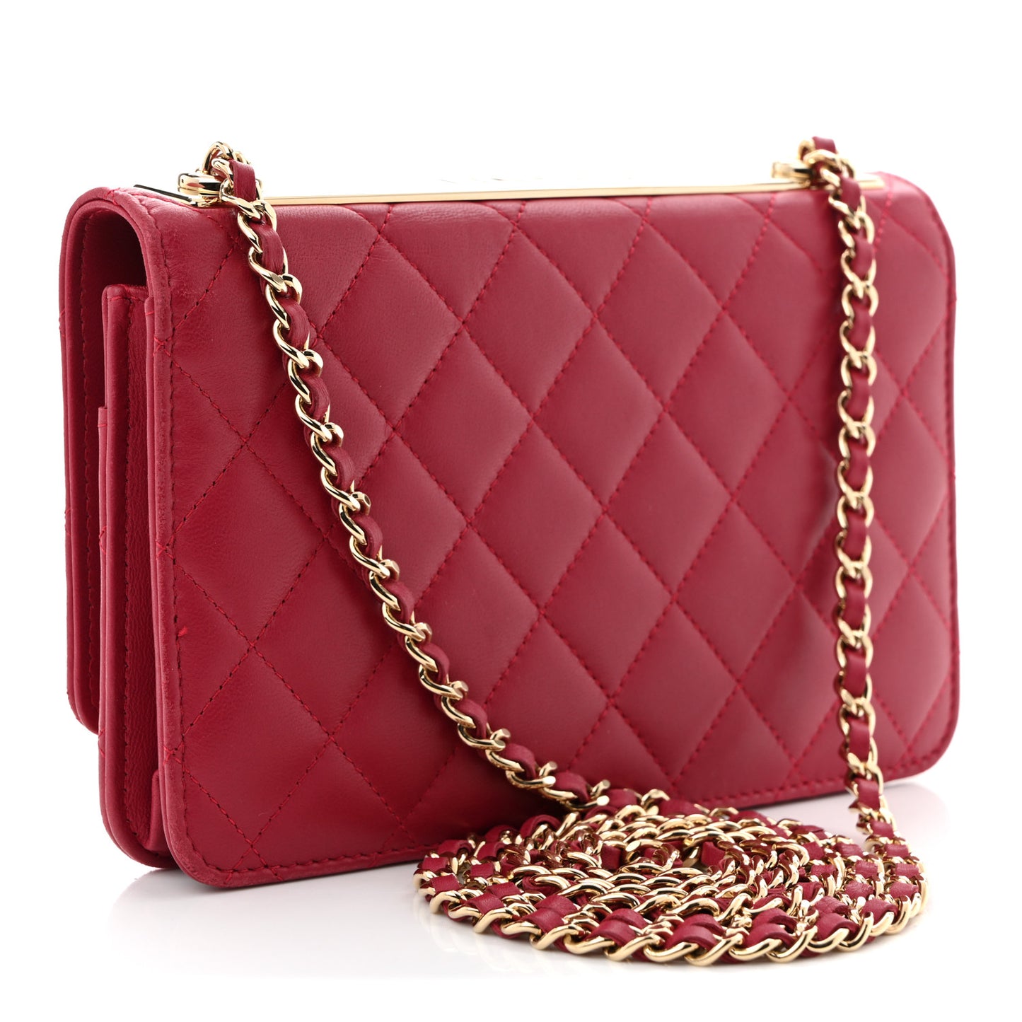 Lambskin Quilted Trendy CC Wallet On Chain WOC Dark Pink