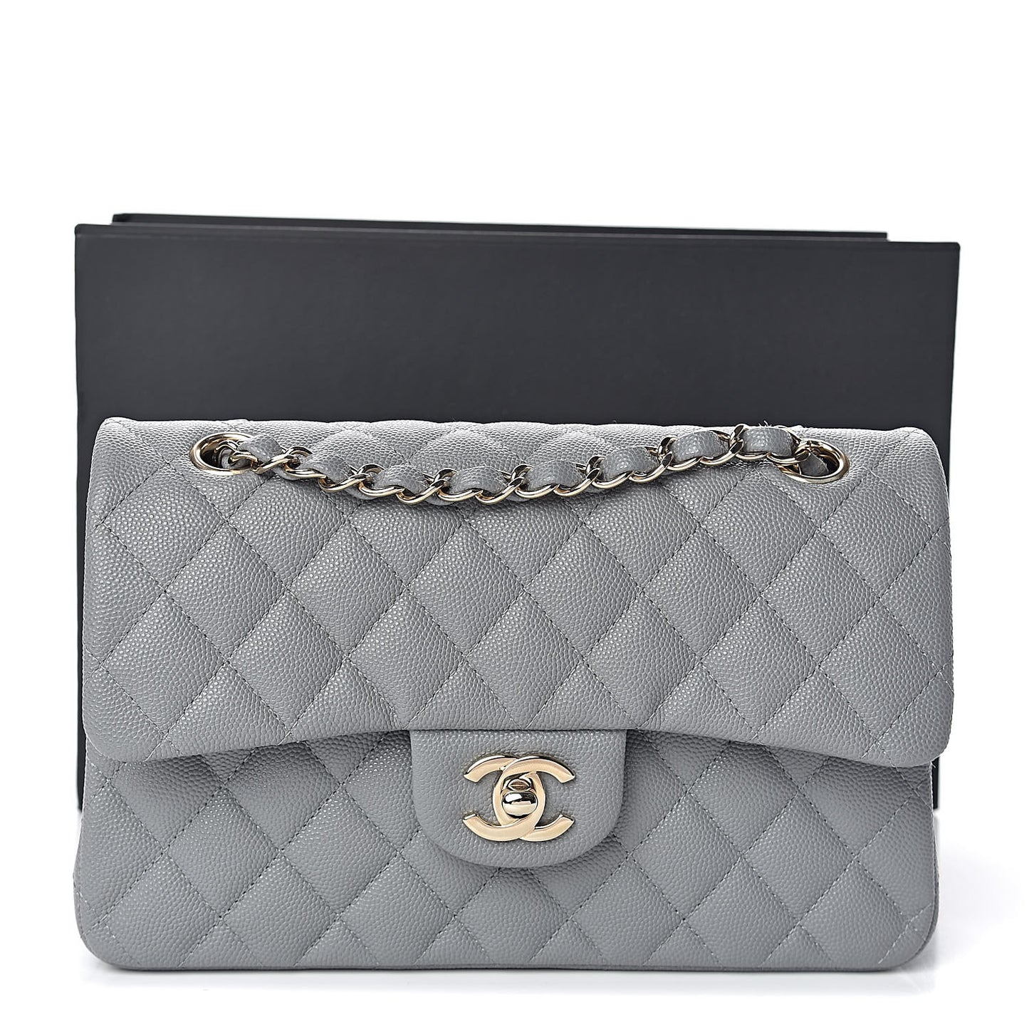 Caviar Quilted Small Double Flap Grey