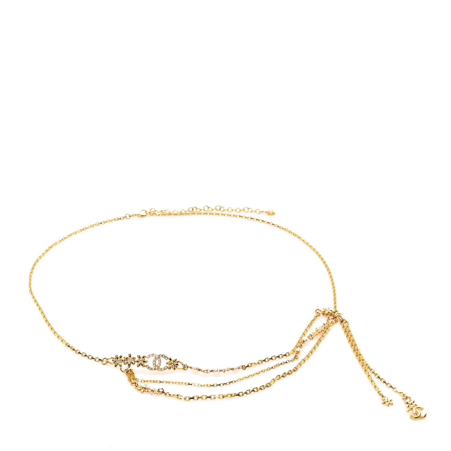 Chanel Pearl Crystal CC Flower Chain Belt 85 34 Gold Pearly White 1 of 4