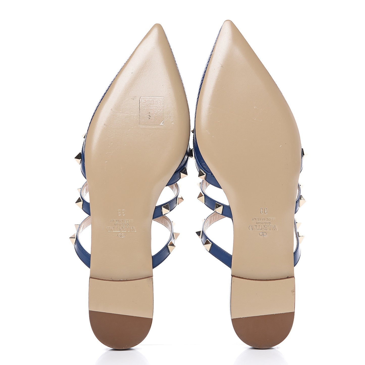 Pebbled Calfskin Rockstud Flat Cage Mules 38 Light Ocean