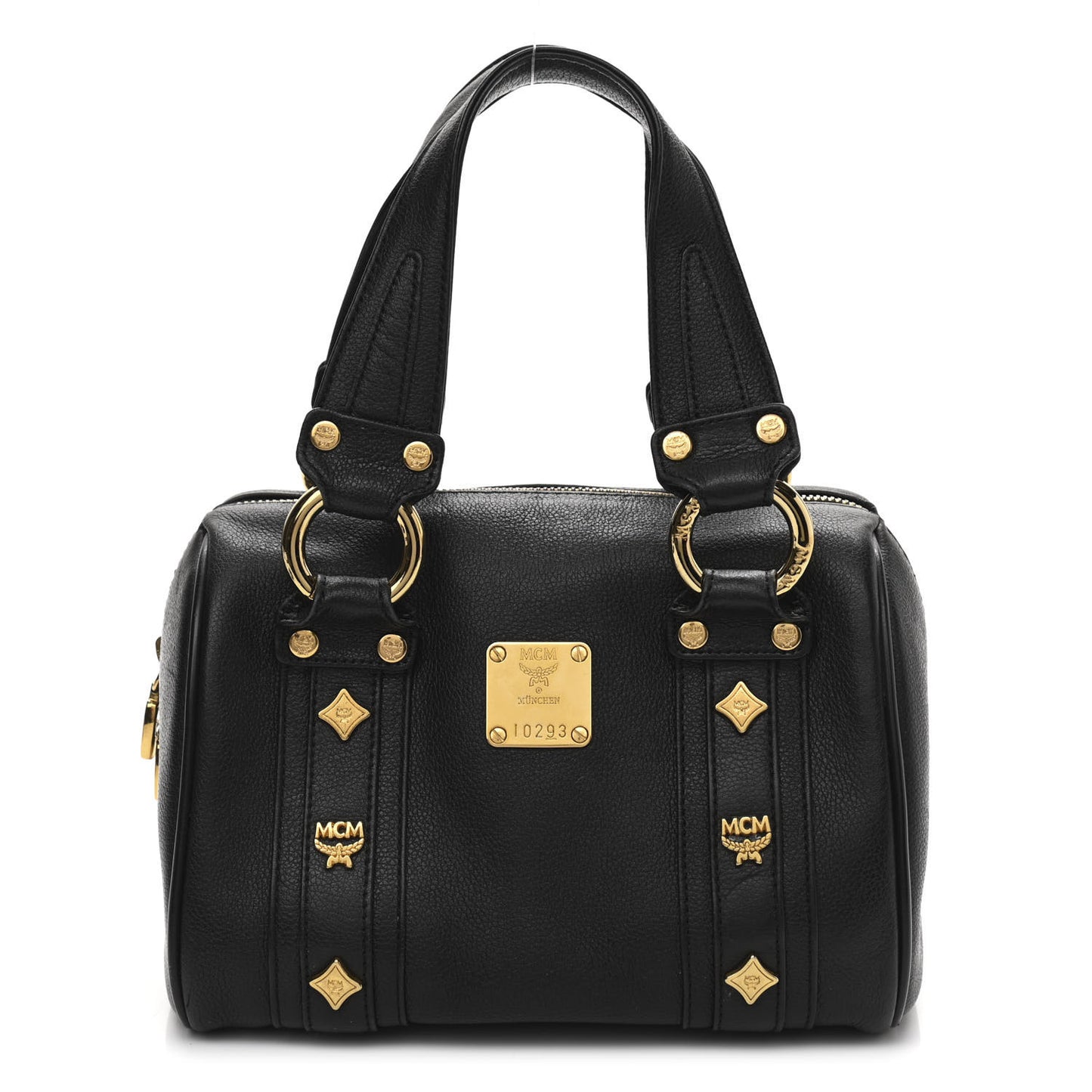 Grained Calfskin Studded Boston Bag Black