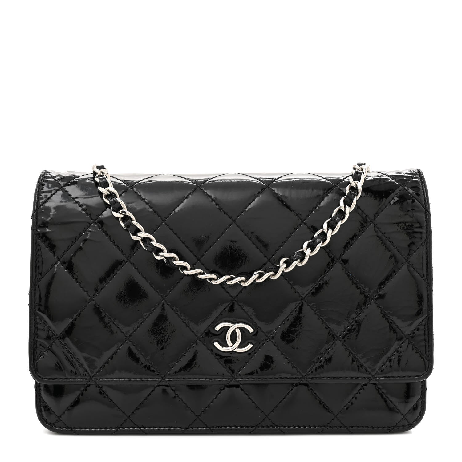 Chanel Patent Quilted Wallet On Chain WOC Black 1 of 12