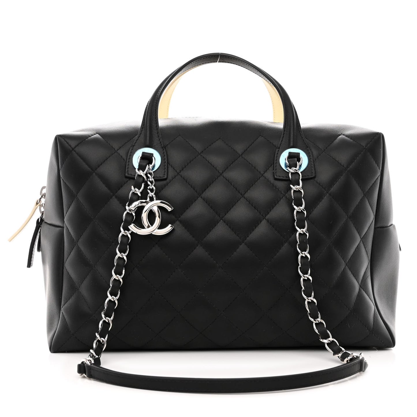 Calfskin Quilted Large Feather Weight Bowling Bag Black Ivory