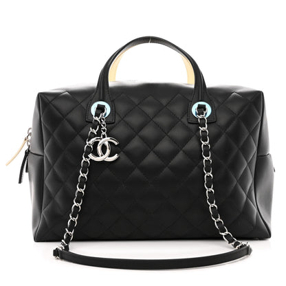 Chanel Calfskin Quilted Large Feather Weight Bowling Bag Black Ivory 1 of 10