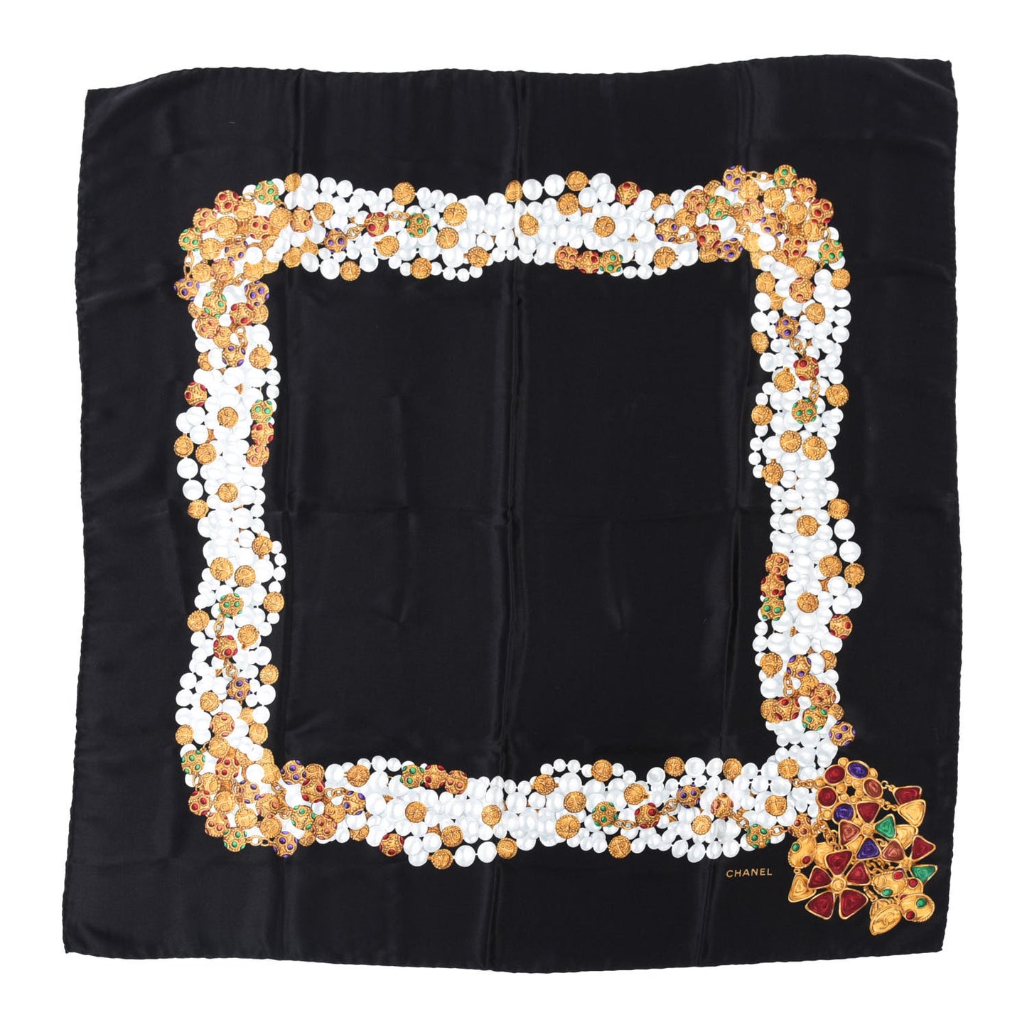 Silk Pearl Jewel Chain Print Scarf Black