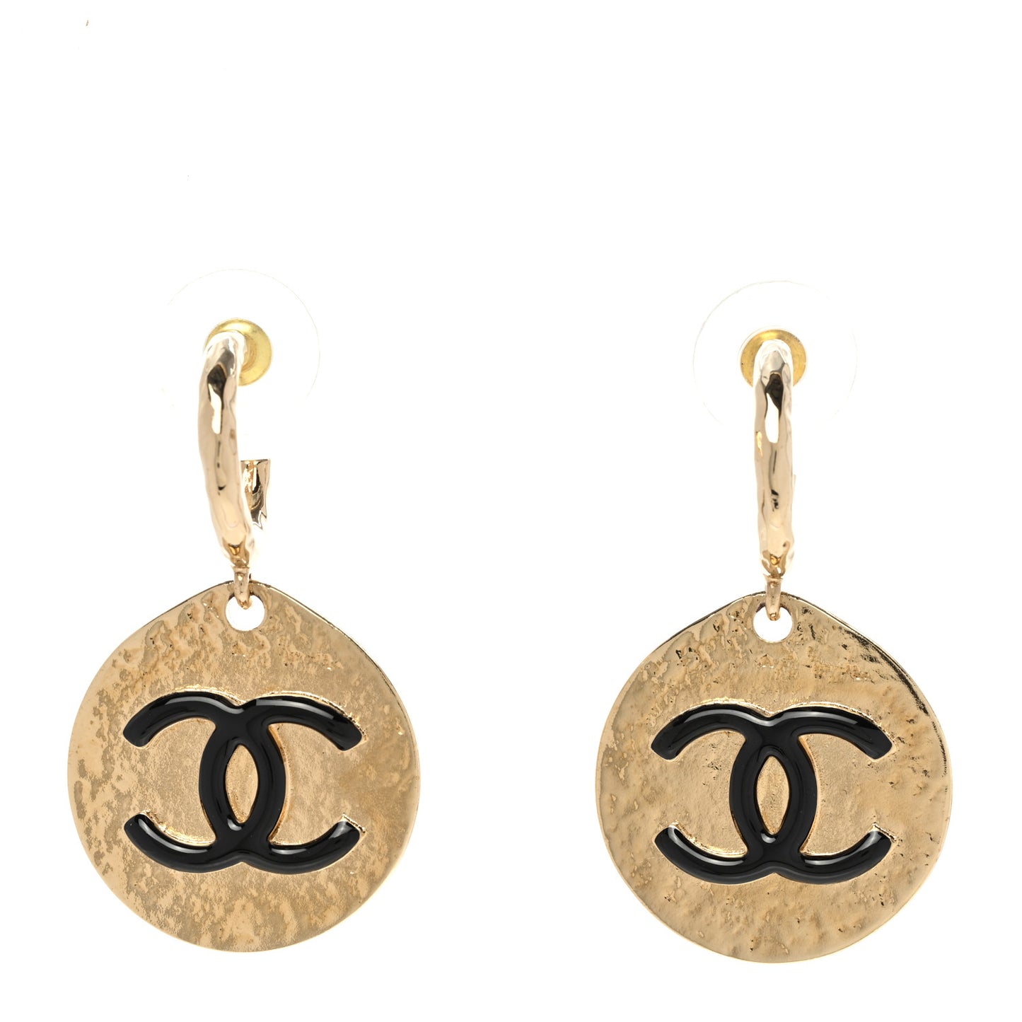 Enamel CC Disc Drop Hoop Earrings Gold Black