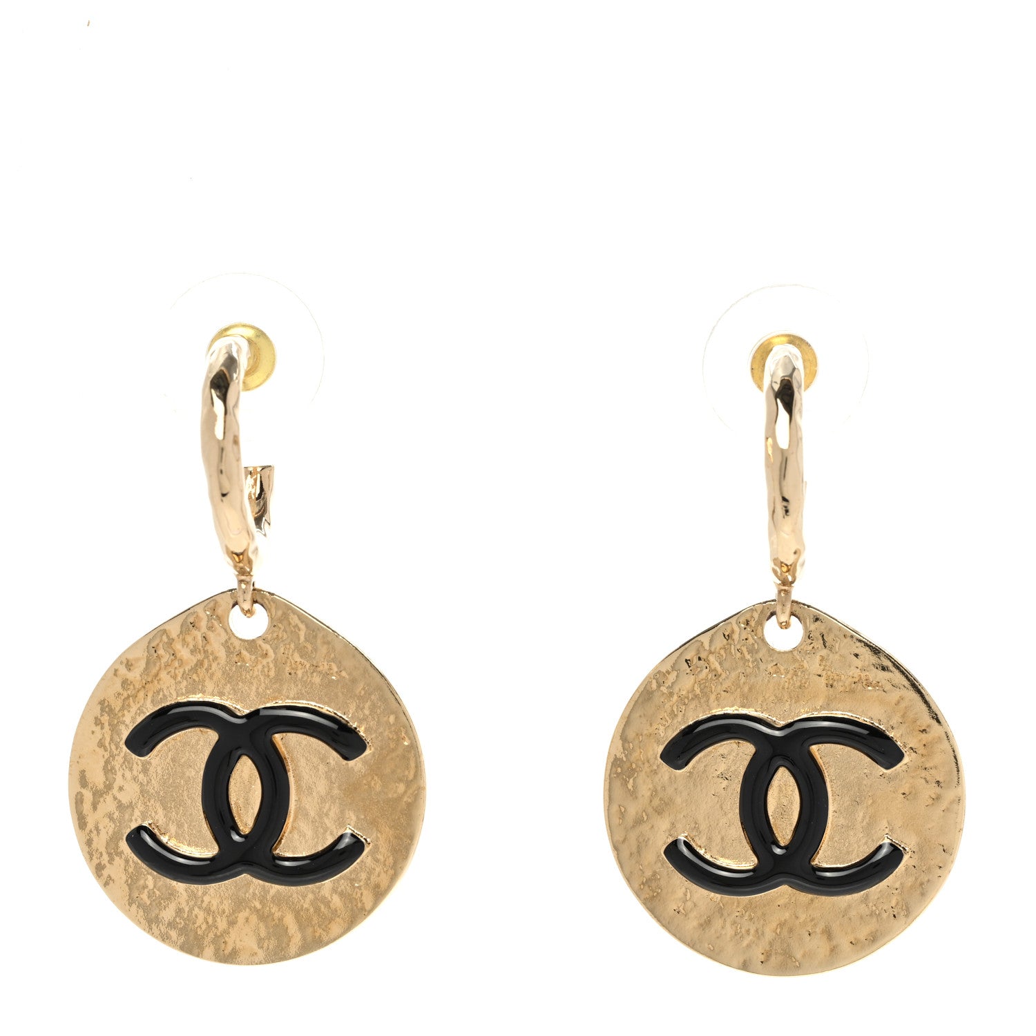 Chanel Enamel CC Disc Drop Hoop Earrings Gold Black 1 of 5