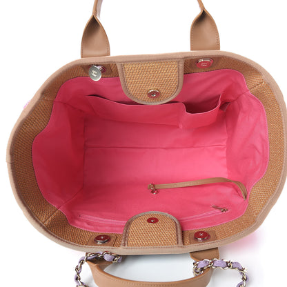 Chanel Straw Raffia Calfskin Striped Large Deauville Tote Dark Beige Fuchsia Navy Blue 6 of 12