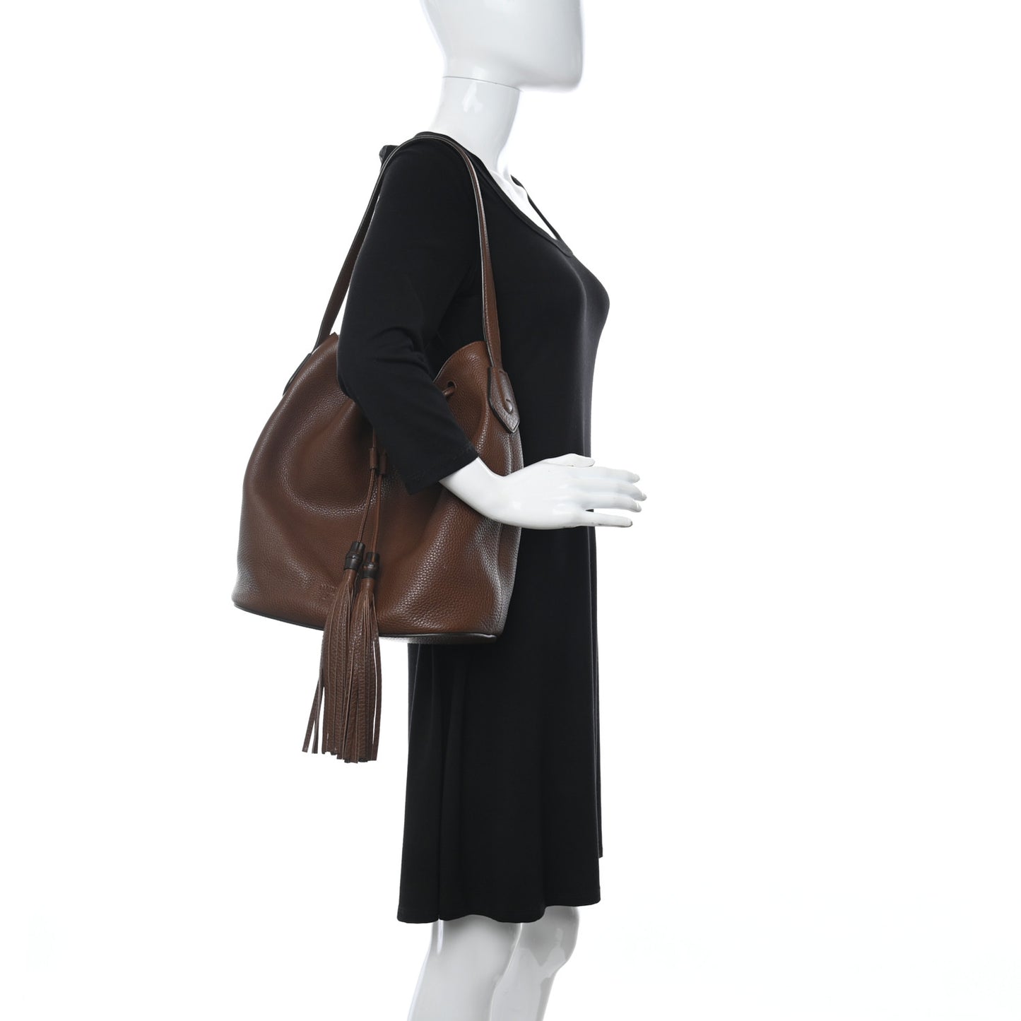 Calfskin Medium Lady Tassel Bucket Bag Nut Brown