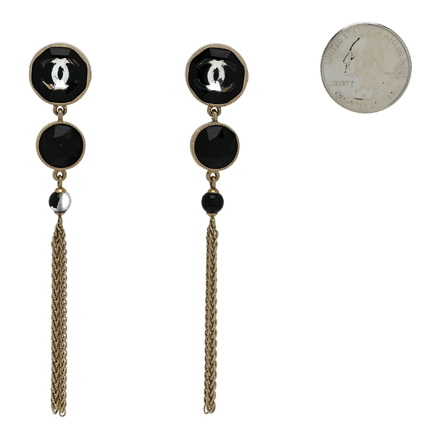 Crystal CC Chain Tassel Drop Earrings Gold Black