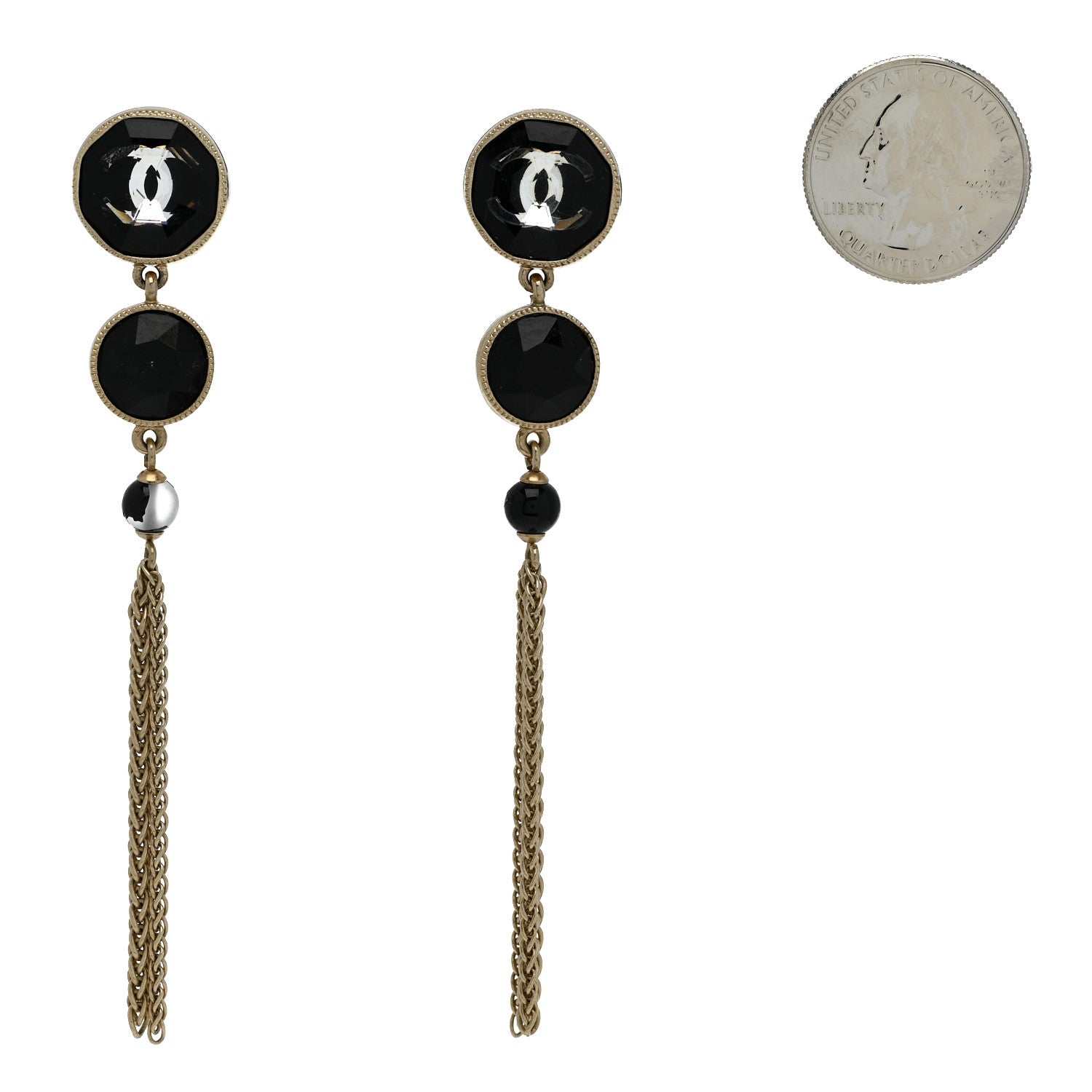 Chanel Crystal CC Chain Tassel Drop Earrings Gold Black 2 of 6