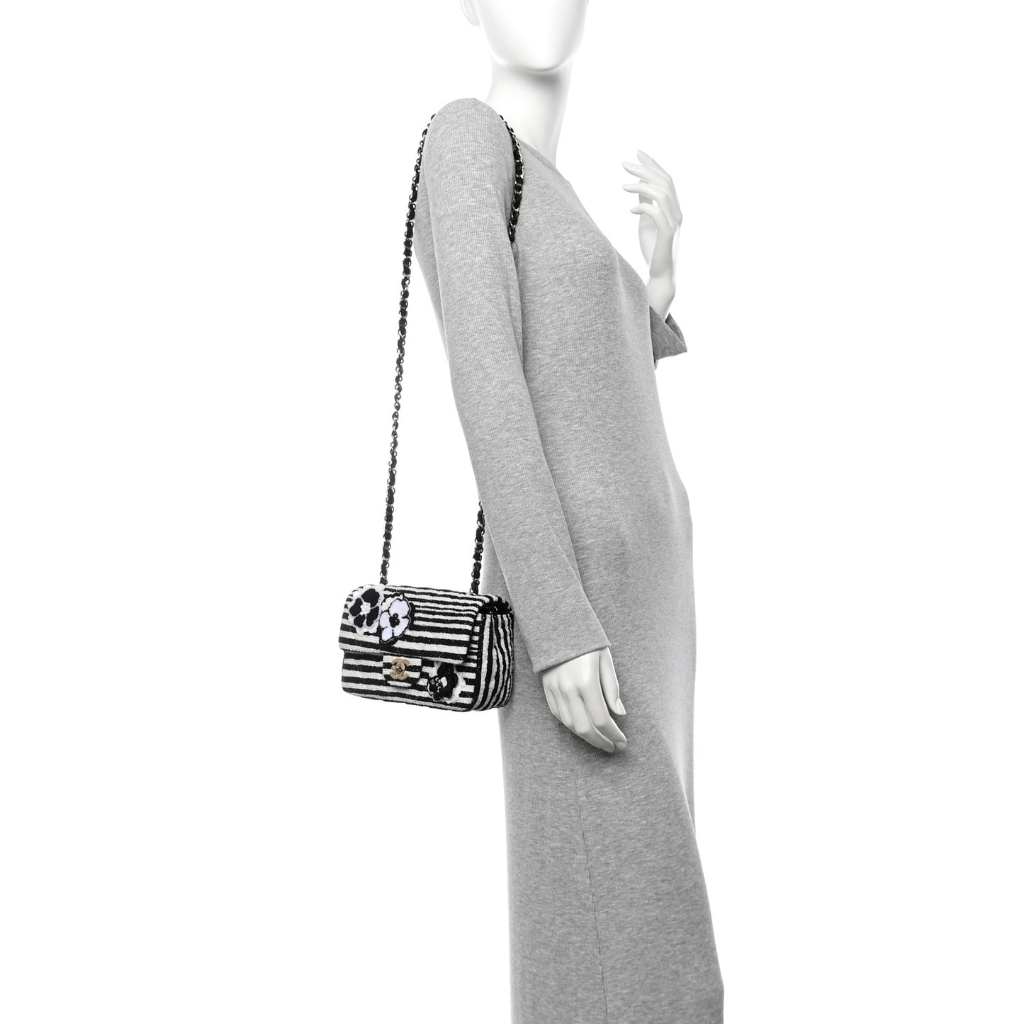 Striped Tweed Sequin Quilted Camellia Embellished Mini Rectangular Flap Ecru Black