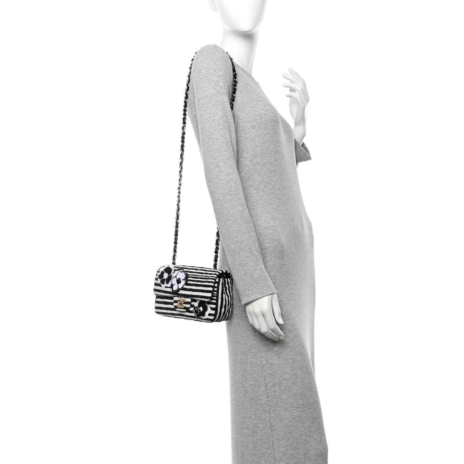 Chanel Striped Tweed Sequin Quilted Camellia Embellished Mini Rectangular Flap Ecru Black 2 of 11