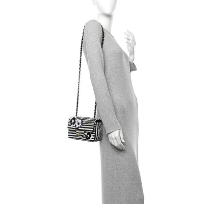 Chanel Striped Tweed Sequin Quilted Camellia Embellished Mini Rectangular Flap Ecru Black 2 of 11